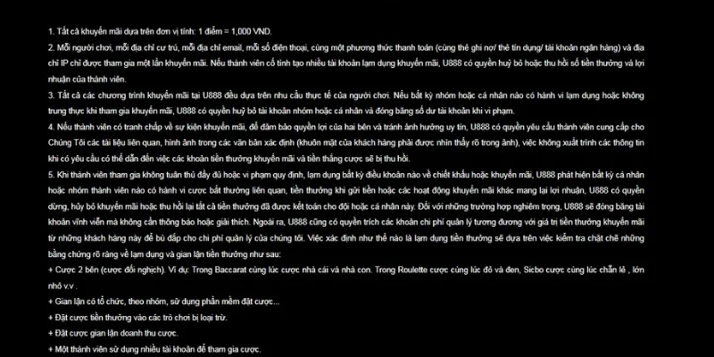 Nguyên tắc tạo nên điều khoản & điều kiện U888