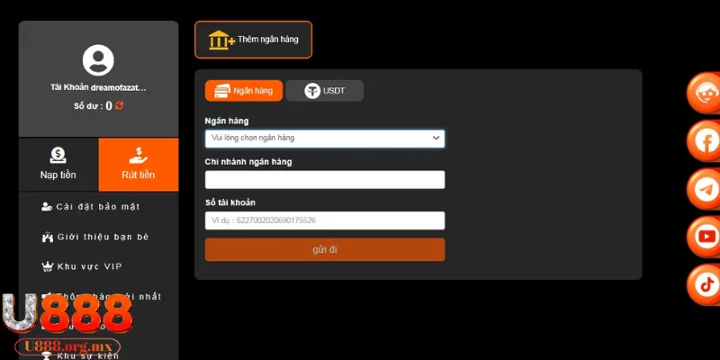 Thêm tài khoản nhận tiền để tạo lệnh rút